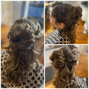 Hochsteckfrisur braune Haare mit Dutt und Strähnen