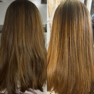 Vorher nacher Bild von gepflegten braunen Haaren